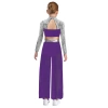 Nyeemya Trang Phục Khiêu Vũ Bé Gái 2 Mảnh Cổ Mock Dài Tay Kim Sa Lấp Lánh, Crop Top Bấm Nút Cắt Lưng, Quần Voan Khe Rộng 6