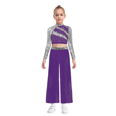 Nyeemya Trang Phục Khiêu Vũ Bé Gái 2 Mảnh Cổ Mock Dài Tay Kim Sa Lấp Lánh, Crop Top Bấm Nút Cắt Lưng, Quần Voan Khe Rộng 7