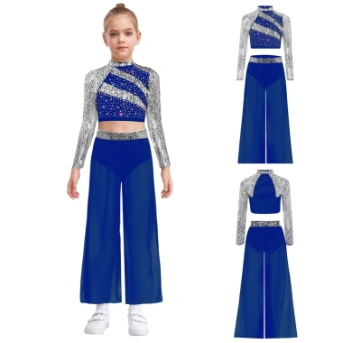 Nyeemya Trang Phục Khiêu Vũ Bé Gái 2 Mảnh Cổ Mock Dài Tay Kim Sa Lấp Lánh, Crop Top Bấm Nút Cắt Lưng, Quần Voan Khe Rộng 8