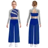 Nyeemya Trang Phục Khiêu Vũ Bé Gái 2 Mảnh Cổ Mock Dài Tay Kim Sa Lấp Lánh, Crop Top Bấm Nút Cắt Lưng, Quần Voan Khe Rộng 9