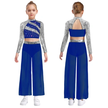 Nyeemya Trang Phục Khiêu Vũ Bé Gái 2 Mảnh Cổ Mock Dài Tay Kim Sa Lấp Lánh, Crop Top Bấm Nút Cắt Lưng, Quần Voan Khe Rộng 9