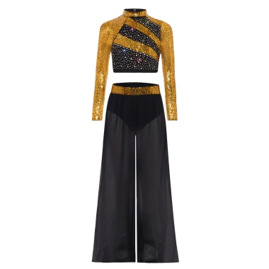 Nyeemya Trang Phục Khiêu Vũ Bé Gái 2 Mảnh Cổ Mock Dài Tay Kim Sa Lấp Lánh, Crop Top Bấm Nút Cắt Lưng, Quần Voan Khe Rộng 10