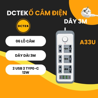 Ổ cắm DCTEK A33 A34 A35 đa năng 2 USB + Type‑C, dây dài 3m, tiện lợi cho gia đình, giá chỉ 186.000₫ 2