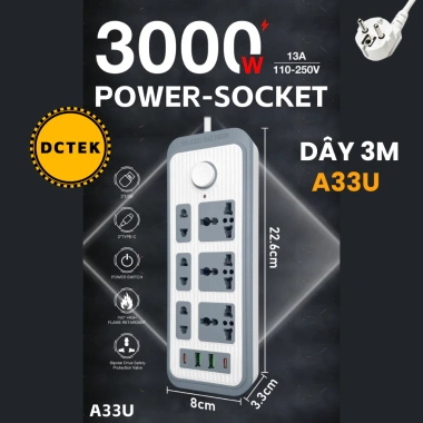 Ổ cắm DCTEK A33 A34 A35 đa năng 2 USB + Type‑C, dây dài 3m, tiện lợi cho gia đình, giá chỉ 186.000₫ 7