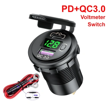 Ổ cắm sạc nhanh USB 12V/24V PD Type‑C QC3.0, công tắc bật tắt LED, vôn kế, chống nước bụi – cho xe máy, RV, bus, boat