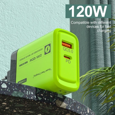 Ổ cắm tường USB 120W PD có cáp - Sạc nhanh 2 trong 1, đa năng, xanh thời trang, EU/US, du lịch