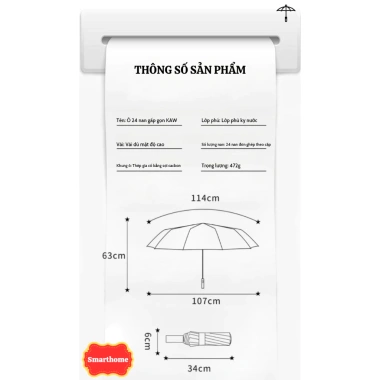 Ô che mưa KAW 24 nan gấp gọn, chắc chắn, chịu gió bão, chống thấm nước, UV, tán rộng 9
