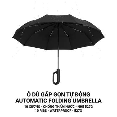 Ô Dù Tự Động VIVU SUN Smart Hook 10 Nan Sợi Thủy Tinh, Vải Cao Su Đen Chống UV 99% Phản Quang - 129k