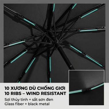 Ô Dù Tự Động VIVU SUN Smart Hook 10 Nan Sợi Thủy Tinh, Vải Cao Su Đen Chống UV 99% Phản Quang - 129k