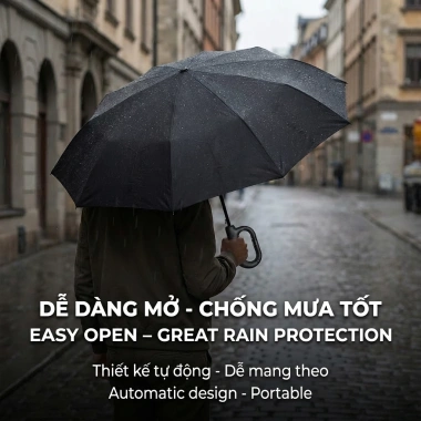 Ô Dù Tự Động VIVU SUN Smart Hook 10 Nan Sợi Thủy Tinh, Vải Cao Su Đen Chống UV 99% Phản Quang - 129k