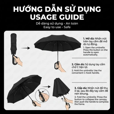 Ô Dù Tự Động VIVU SUN Smart Hook 10 Nan Sợi Thủy Tinh, Vải Cao Su Đen Chống UV 99% Phản Quang - 129k