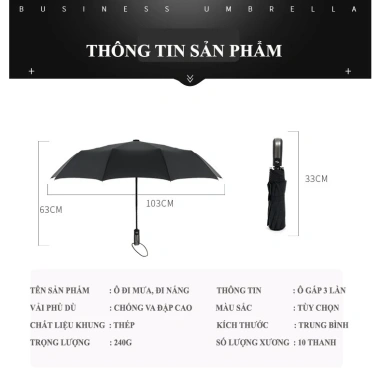 Ô tự động đóng mở 2 chiều Dù che nắng mưa 63x103cm, gia cố thanh đỡ gấp 3 lần, giá ưu đãi 125.500 VND 3