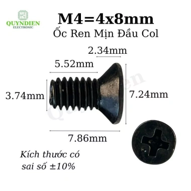 Ốc vít đầu COL M4 REN mịn 4mm dài 8mm - Túi 500 con, giá chỉ 152.100₫ - Linh Kiện điện tử QUỲNH DIỄN