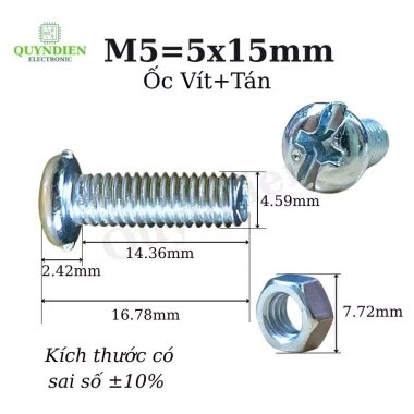 Ốc vít M5x15mm kèm tán, túi 100 con - Giá ưu đãi 42.893 VND Linh Kiện Quỳnh Diễn 3 Ốc vít M5x15mm kèm tán, túi 100 con - Giá ưu đãi 42.893 VND Linh Kiện Quỳnh Diễn 3