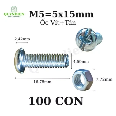 Ốc vít M5x15mm kèm tán, túi 100 con - Giá ưu đãi 42.893 VND Linh Kiện Quỳnh Diễn 9 Ốc vít M5x15mm kèm tán, túi 100 con - Giá ưu đãi 42.893 VND Linh Kiện Quỳnh Diễn 9