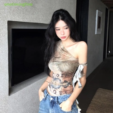 Onetimingfine Camisole Hot Girls Mùa Hè Graffiti Không Đều Vai Không Tay Slim - 110.808 VND