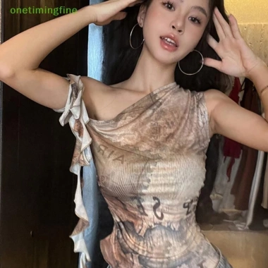 Onetimingfine Camisole Hot Girls Mùa Hè Graffiti Không Đều Vai Không Tay Slim - 110.808 VND