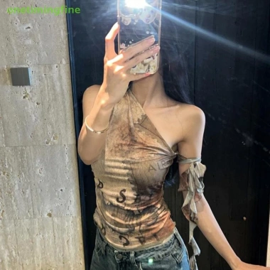 Onetimingfine Camisole Hot Girls Mùa Hè Graffiti Không Đều Vai Không Tay Slim - 110.808 VND