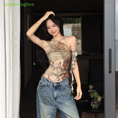 Onetimingfine Camisole Hot Girls Mùa Hè Graffiti Không Đều Vai Không Tay Slim - 110.808 VND
