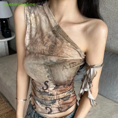 Onetimingfine Camisole Hot Girls Mùa Hè Graffiti Không Đều Vai Không Tay Slim - 110.808 VND