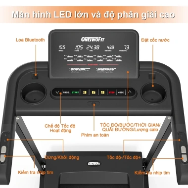 OneTwoFit Máy chạy bộ 2.5 mã lực 3 cấp điện, loa Bluetooth, kết nối ứng dụng thể thao - Giá chỉ 5,519,000₫