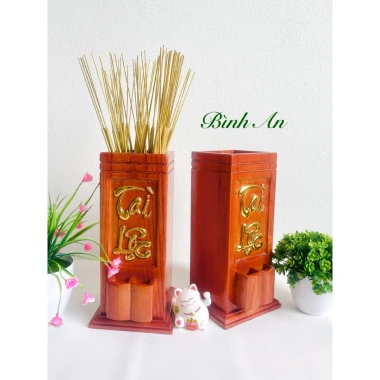 Ống đựng nhang gỗ tự nhiên khắc Tài Lộc triện vàng – có khay bật lửa tiện lợi 3