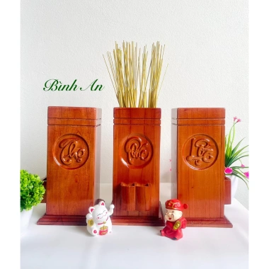 Ống đựng nhang gỗ tự nhiên khắc Tài Lộc triện vàng – có khay bật lửa tiện lợi 4