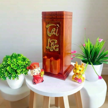 Ống đựng nhang gỗ tự nhiên khắc Tài Lộc triện vàng – có khay bật lửa tiện lợi 9