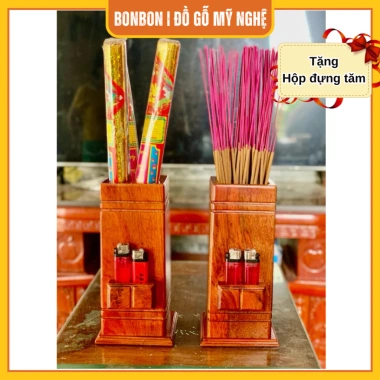 Ống đựng nhang vuông gỗ 24cm có chỗ bật tiện lợi – Thờ cúng chiêu tài lộc cao