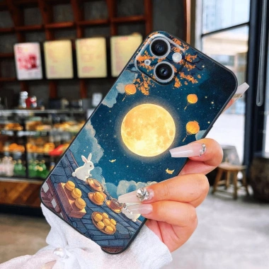 Ốp Dẻo Thỏ Ngồi Ngắm Trắng Ăn Bánh Uống Trà – Phù hợp iPhone 13‑17, 12‑6s – Thiết kế Trung Thu 8 3