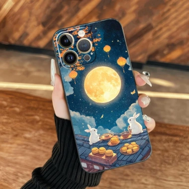 Ốp Dẻo Thỏ Ngồi Ngắm Trắng Ăn Bánh Uống Trà – Phù hợp iPhone 13‑17, 12‑6s – Thiết kế Trung Thu 8 7