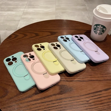 Ốp iPhone 13-17 Pro Max Silicon Flip Bracket - Vỏ mềm macaron, chống sốc, có giá đỡ