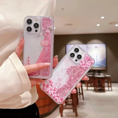 Ốp Lưng iPhone 15/14 Plus/13/12/11 Pro/X/XS Max - Long Lanh Liquid Cover Hoa Anh Đào Quicksand 6