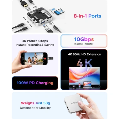 ORICO Hub 8 trong 1 HDMI 4K, RJ45, USB3.0, Đọc thẻ TF/SD, M.2 2.230 Trạm nối di động 2