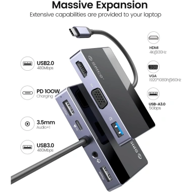 ORICO Hub USB C 7 trong 1 4K HDMI/VGA 100W PD USB‑A 5Gbps âm thanh 3.5mm MacBook Dell HP 341.000₫ 2