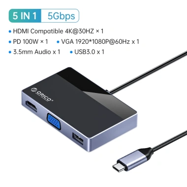 ORICO Hub USB C 7 trong 1 4K HDMI/VGA 100W PD USB‑A 5Gbps âm thanh 3.5mm MacBook Dell HP 341.000₫ 9