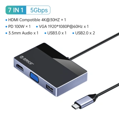 ORICO Hub USB C 7 trong 1 4K HDMI/VGA 100W PD USB‑A 5Gbps âm thanh 3.5mm MacBook Dell HP 341.000₫ 10
