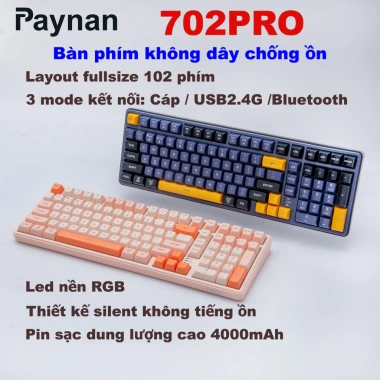 Paynan 702Pro - Bàn phím không dây chống ồn, 3 chế độ Cáp/USB2.4G/Bluetooth, RGB, pin 4.000mAh, 500k