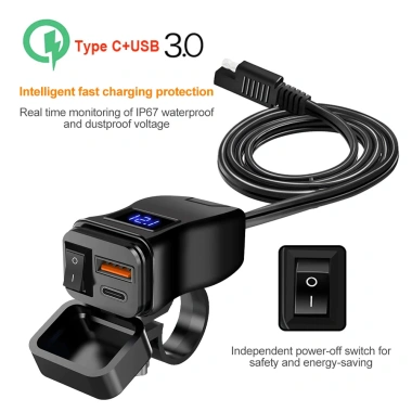 PD QC3.0 60W Sạc Nhanh Xe Máy - Tay Cầm USB Kép 12V, Chống Thấm, Công Tắc Vôn 2