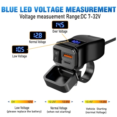 PD QC3.0 60W Sạc Nhanh Xe Máy - Tay Cầm USB Kép 12V, Chống Thấm, Công Tắc Vôn 3