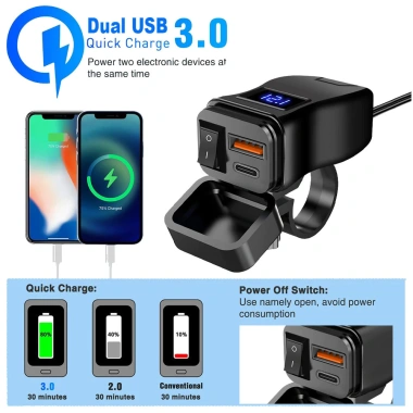 PD QC3.0 60W Sạc Nhanh Xe Máy - Tay Cầm USB Kép 12V, Chống Thấm, Công Tắc Vôn 4