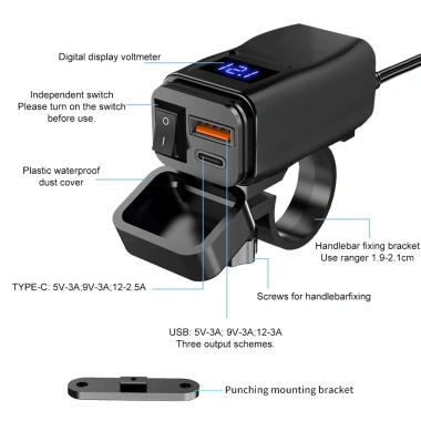PD QC3.0 60W Sạc Nhanh Xe Máy - Tay Cầm USB Kép 12V, Chống Thấm, Công Tắc Vôn 8