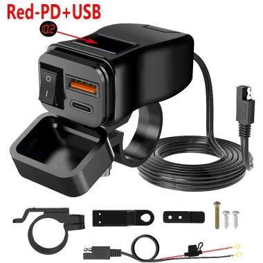 PD QC3.0 60W Sạc Nhanh Xe Máy - Tay Cầm USB Kép 12V, Chống Thấm, Công Tắc Vôn 10