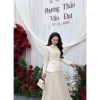 PEACH CLOTHING Set Váy Áo Be Sữa - Áo dài tay cổ bẻ thêu ren, chân váy xếp ly dài 694k 4