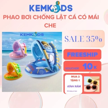 Phao bơi chống lật KEMKIDS 1-5 tuổi, mái che họa tiết ngộ nghĩnh - Giá 135.000₫