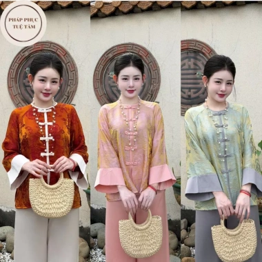 Pháp phục đi chùa nữ tằm ánh kim và quần lụa ngọc trai sang trọng, giảm giá 399k