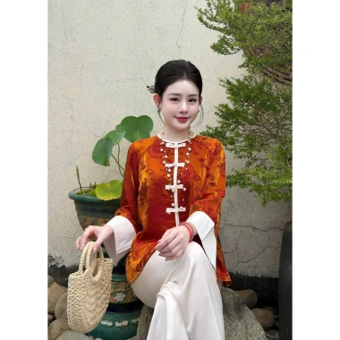Pháp phục đi chùa nữ tằm ánh kim và quần lụa ngọc trai sang trọng, giảm giá 399k