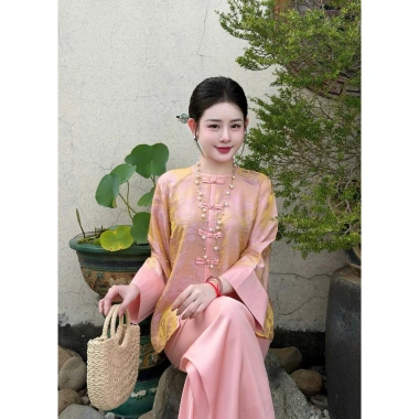Pháp phục đi chùa nữ tằm ánh kim và quần lụa ngọc trai sang trọng, giảm giá 399k