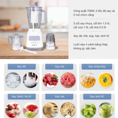 Philips HR2.223 Máy Xay Sinh Tố 700W - 3 Cối + Lõi Ép, Xay Đá, Hạt, Bảo Hành Chính Hãng, Giá 1.436.000₫ 2
