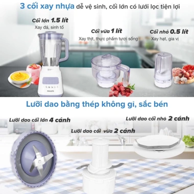 Philips HR2.223 Máy Xay Sinh Tố 700W - 3 Cối + Lõi Ép, Xay Đá, Hạt, Bảo Hành Chính Hãng, Giá 1.436.000₫ 3